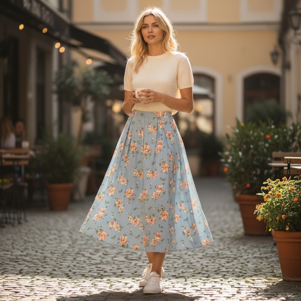 Laura Ashley Floral Blue Pleated Maxi Skirt Size 14‎